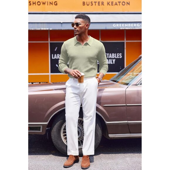 Men's Knit Polo Sweater V-Neck Long Sleeve Dress Pullover Fall Sweater Celadon - Picture 4 of 5